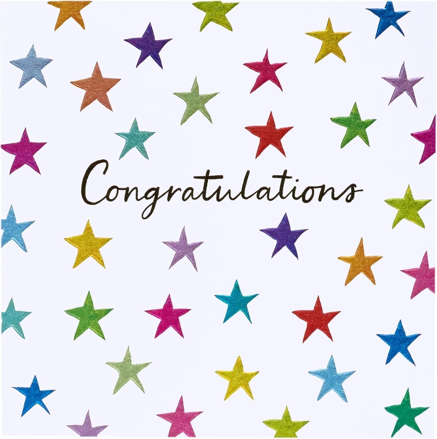Made To Be Treasured congratulations card with colourful stars and text. Blank inside.