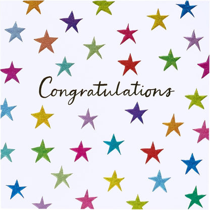 Made To Be Treasured congratulations card with colourful stars and text. Blank inside.