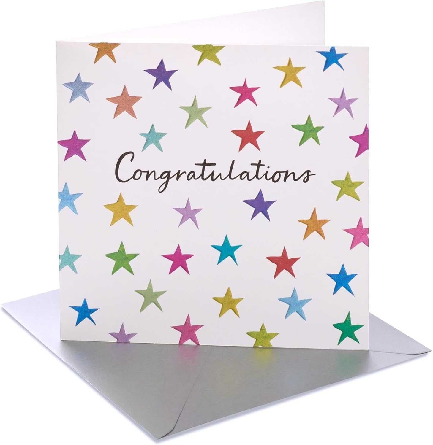 Made To Be Treasured colourful stars congratulations card with silver envelope. Blank inside.