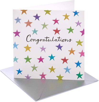 Made To Be Treasured colourful stars congratulations card with silver envelope. Blank inside.