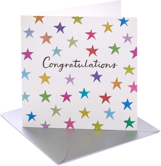 Made To Be Treasured colourful stars congratulations card with silver envelope. Blank inside.
