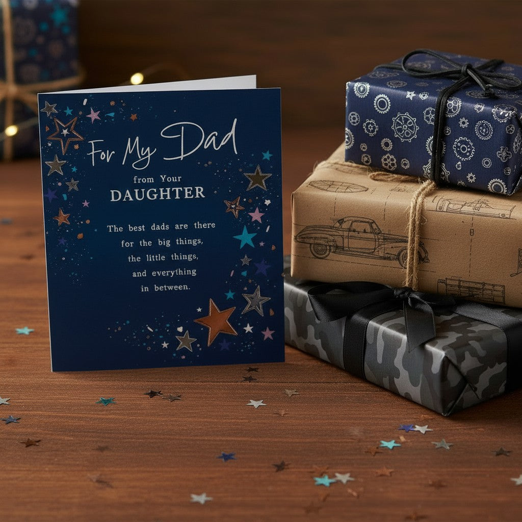 Made To Be Treasured sentimental birthday card for dad from daughter, navy blue with foil stars and heartfelt verse.