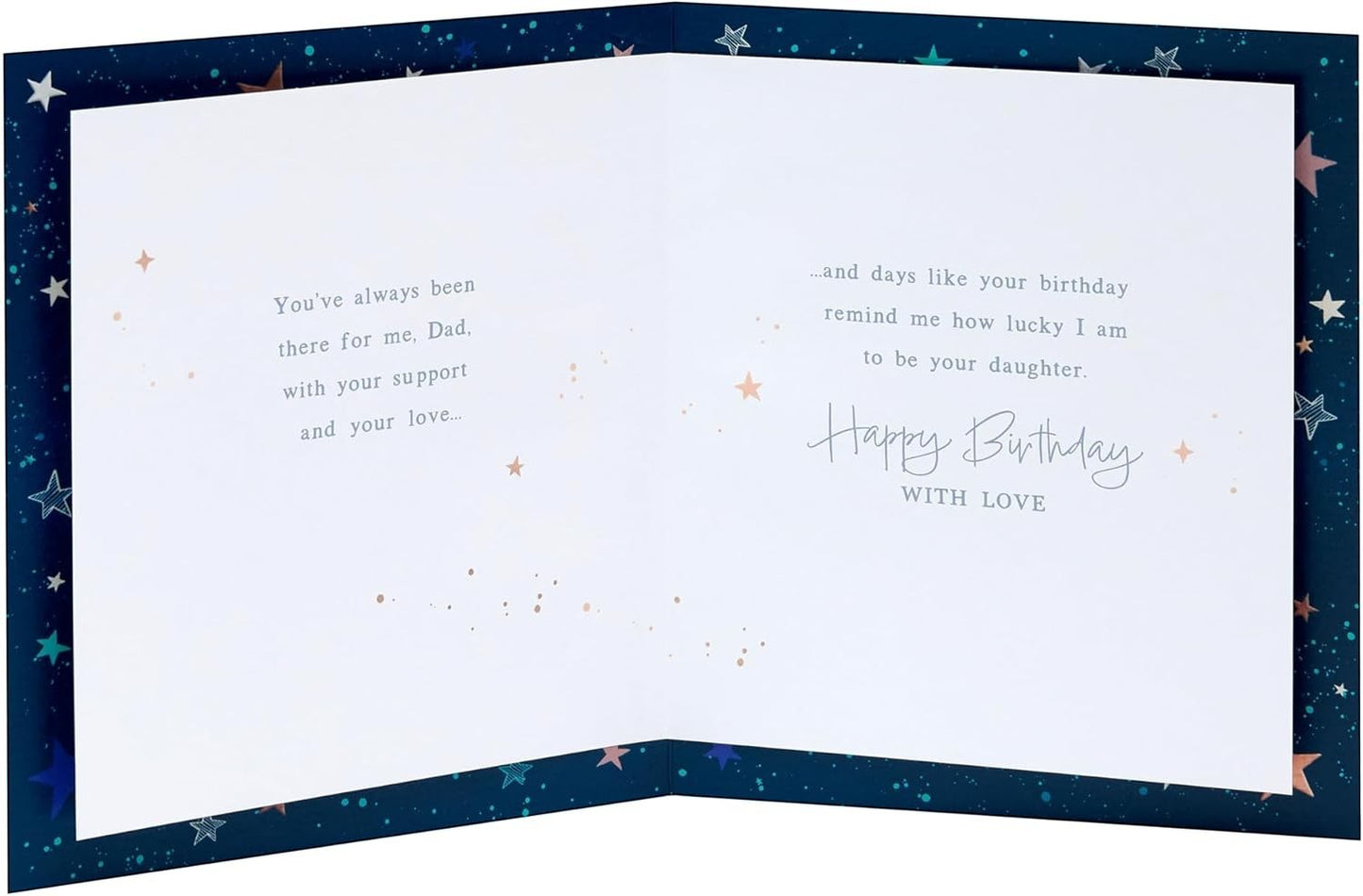 Made To Be Treasured sentimental birthday card for Dad from daughter, navy blue with foil stars and heartfelt verse.