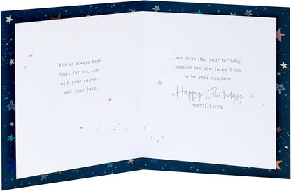 Made To Be Treasured sentimental birthday card for Dad from daughter, navy blue with foil stars and heartfelt verse.