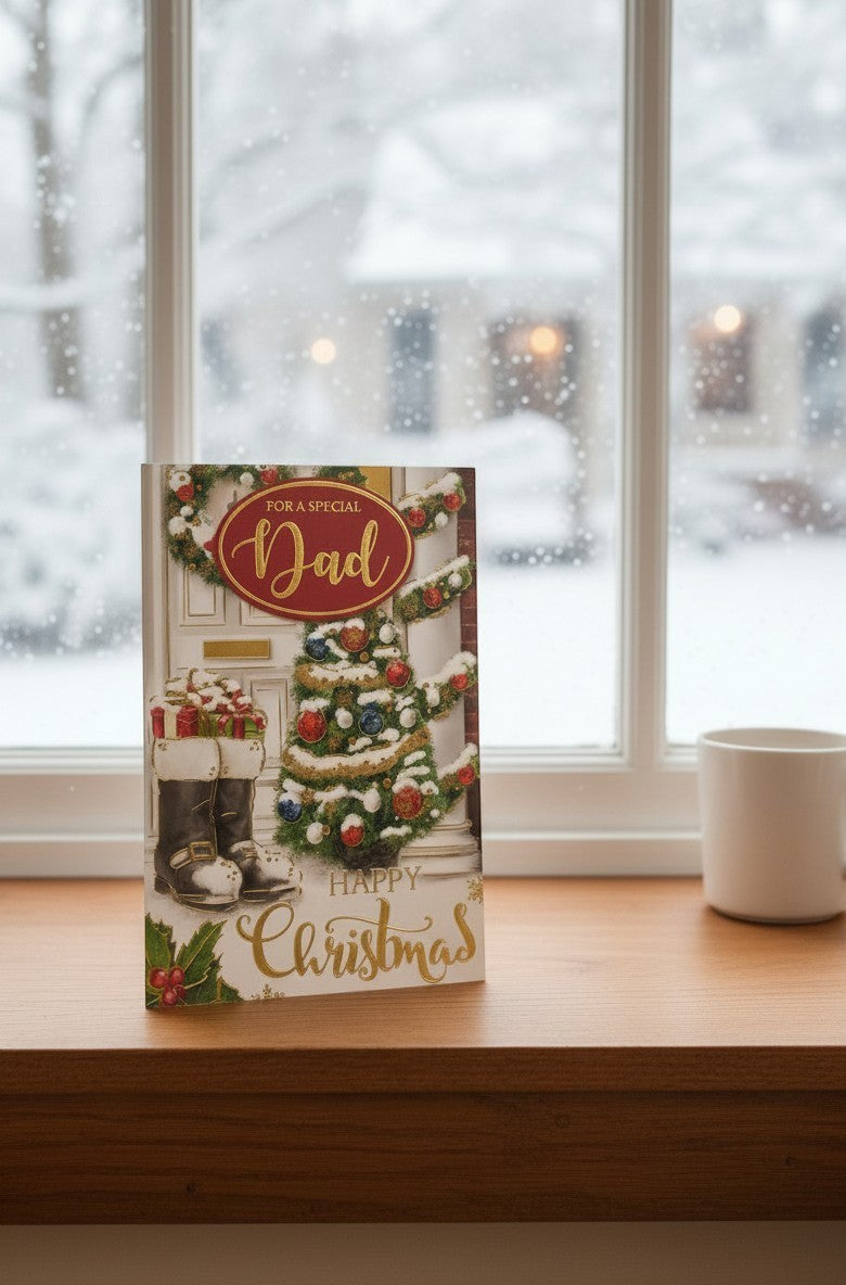 Made To Be Treasured Christmas card for Dad featuring a festive door, decorated tree, and Santa boots with gifts. Gold foil accents.