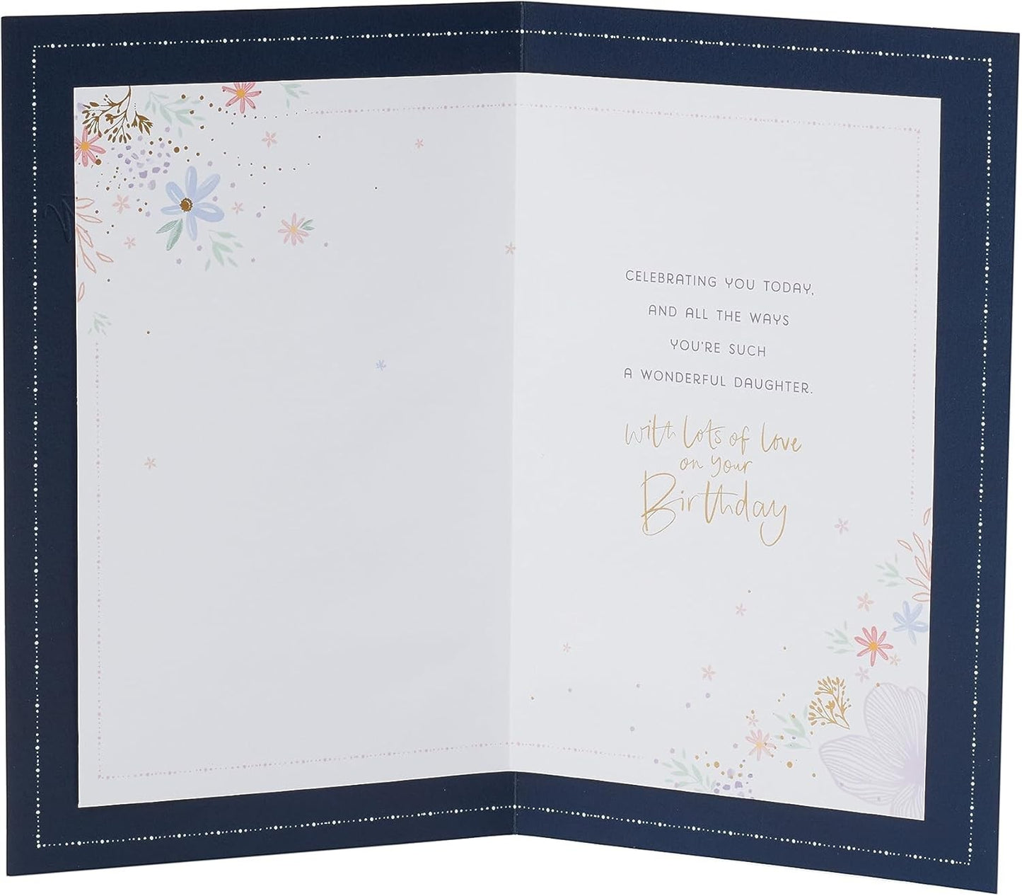 Made To Be Treasured daughter birthday card with floral interior, copper foil text, and navy blue border.