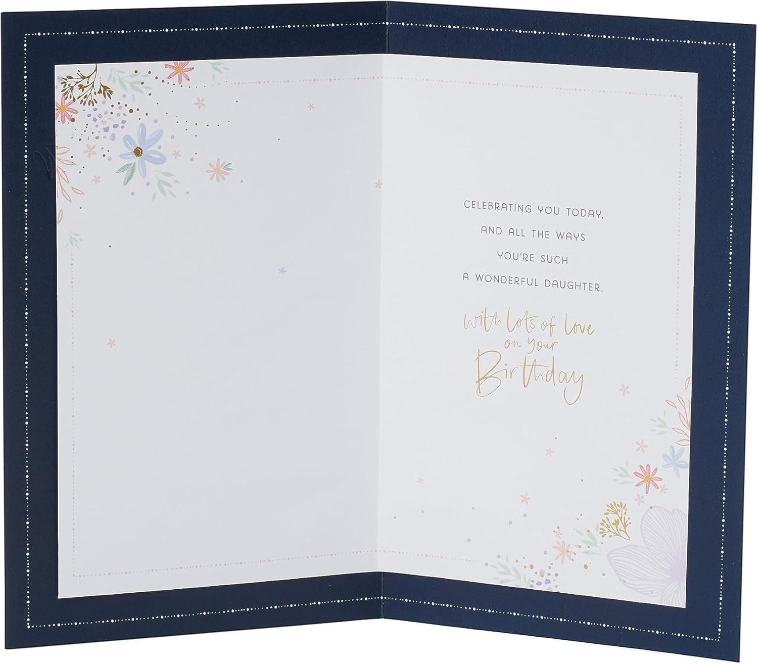 Made To Be Treasured daughter birthday card with floral interior, copper foil text, and navy blue border.