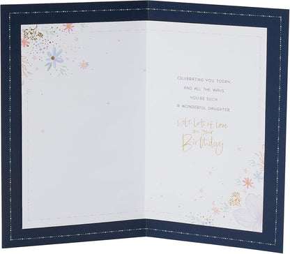 Made To Be Treasured daughter birthday card with floral interior, copper foil text, and navy blue border.
