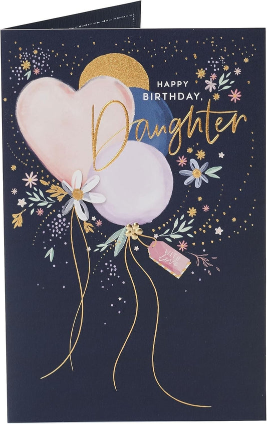 Made To Be Treasured daughter birthday card with navy background, pastel balloons, copper foil, and flower charm.