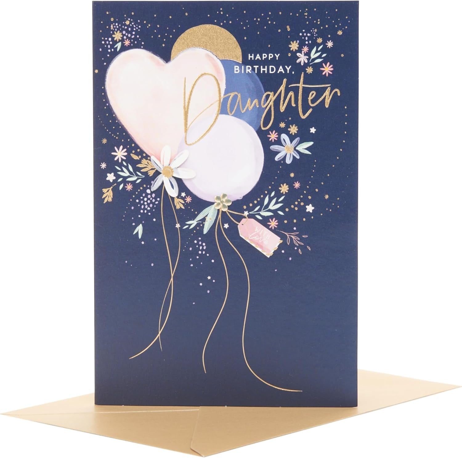 Made To Be Treasured navy birthday card for daughter featuring balloons, copper foil text, and a flower charm.
