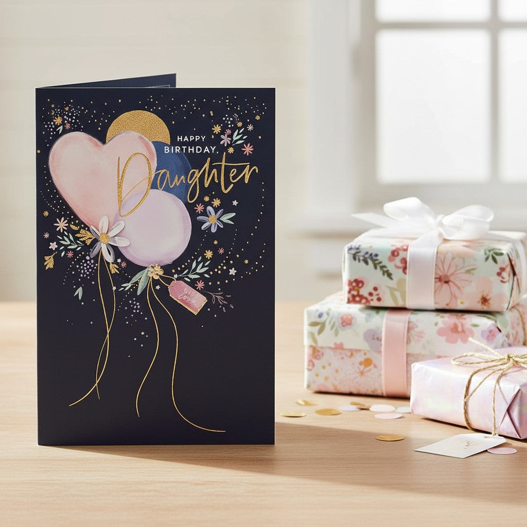 Made To Be Treasured birthday card for daughter featuring balloons, copper foil, and a flower charm on navy blue.
