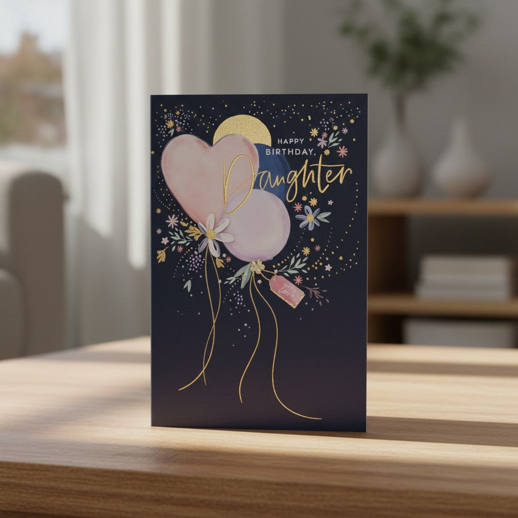 Made To Be Treasured daughter birthday card with heart balloons, copper foil accents, and a flower charm on navy blue.