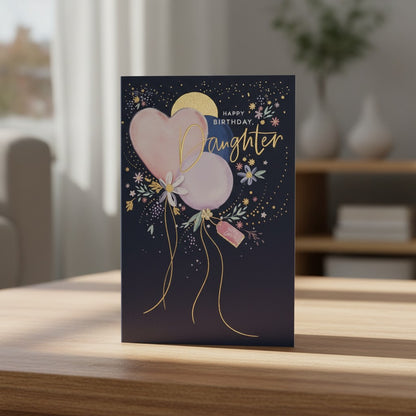 Made To Be Treasured daughter birthday card with heart balloons, copper foil accents, and a flower charm on navy blue.