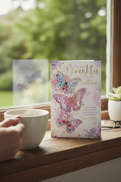 Made To Be Treasured birthday card for daughter with watercolour butterflies in pink, purple, blue, and gold foil lettering.