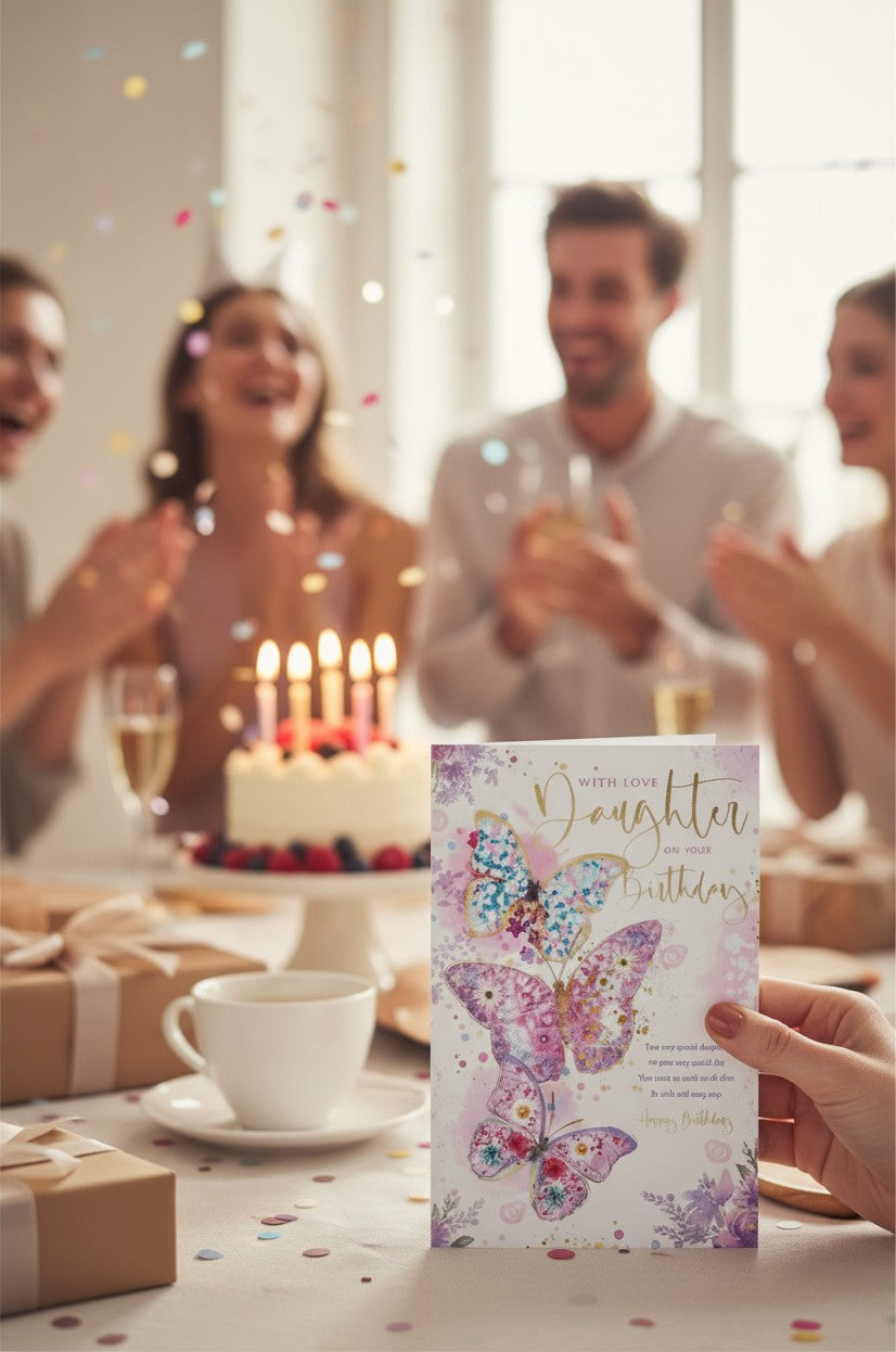 Made To Be Treasured birthday card for daughter with watercolour butterflies in pink, purple, and blue, gold foil lettering.