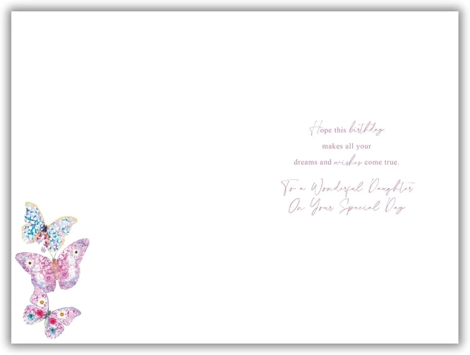 Made To Be Treasured birthday card for daughter with watercolour butterflies in pink, purple, and blue. Gold foil lettering.
