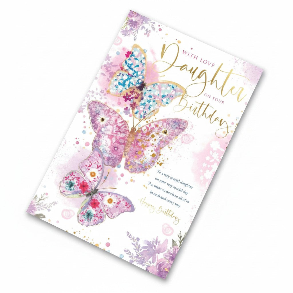 Made To Be Treasured birthday card for daughter with watercolour butterflies in pink, purple, and blue, with gold foil lettering.