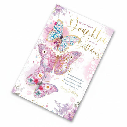 Made To Be Treasured birthday card for daughter with watercolour butterflies in pink, purple, and blue, with gold foil lettering.