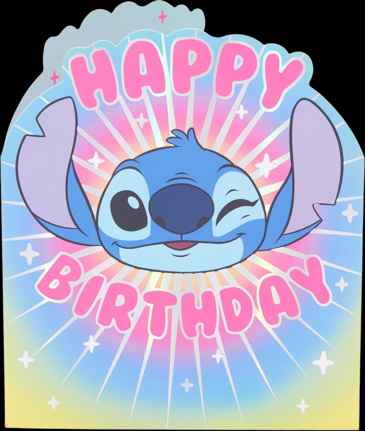 Made To Be Treasured Disney Stitch shaped birthday card with pink 'Happy Birthday' text on a colourful rainbow background.