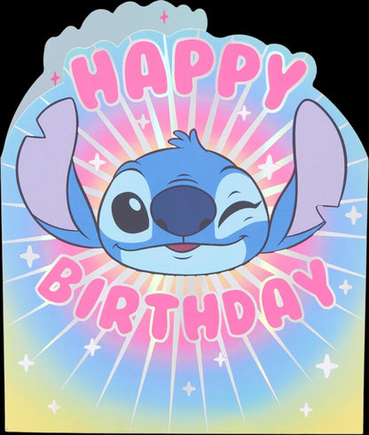 Made To Be Treasured Disney Stitch shaped birthday card with pink 'Happy Birthday' text on a colourful rainbow background.