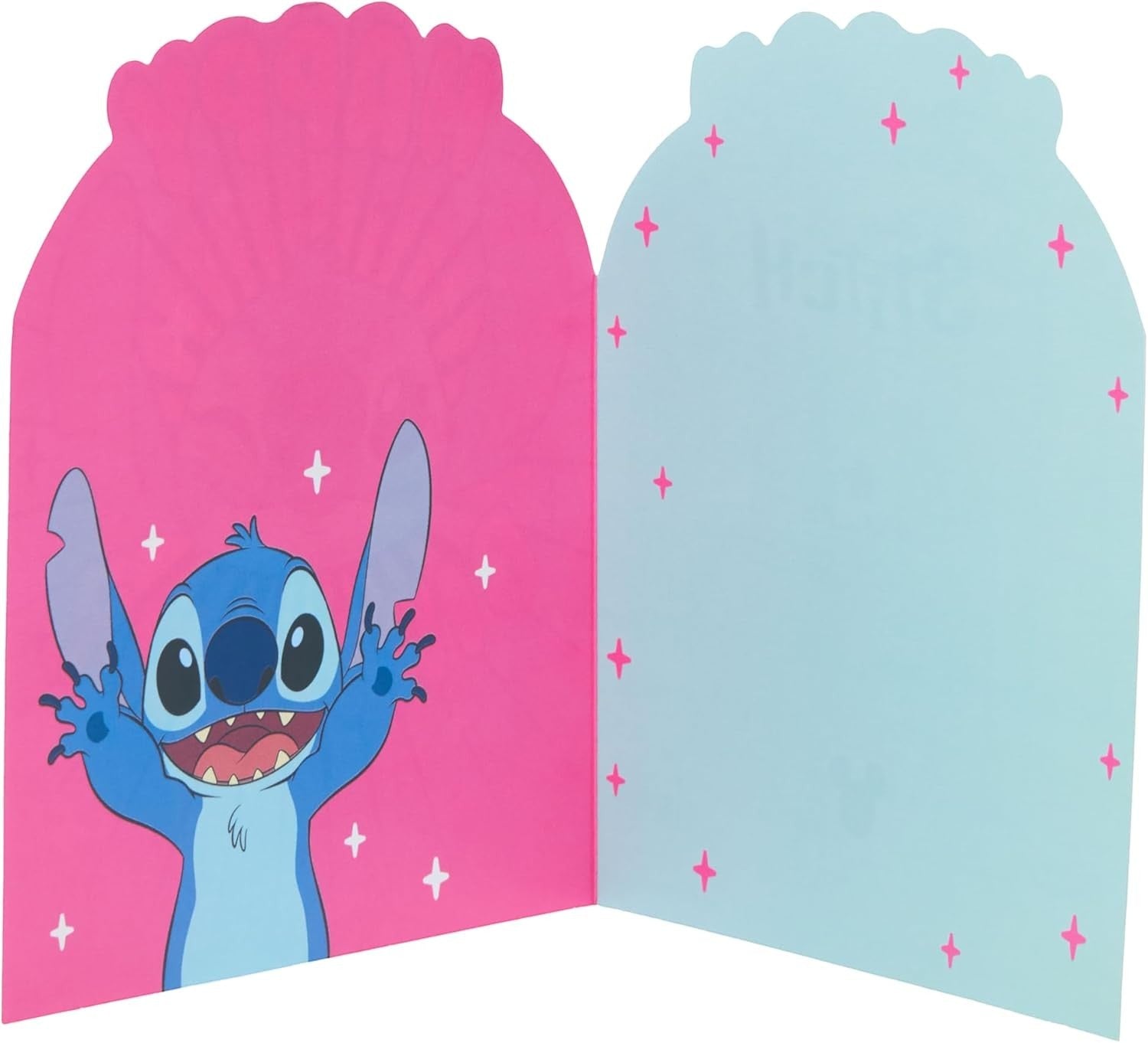 Made To Be Treasured Disney Stitch shaped birthday card with pink and blue interior. Features Stitch character.