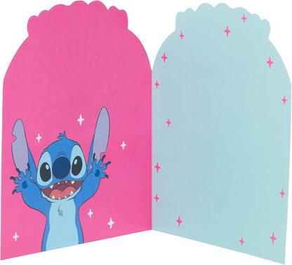 Made To Be Treasured Disney Stitch shaped birthday card with pink and blue interior. Features Stitch character.