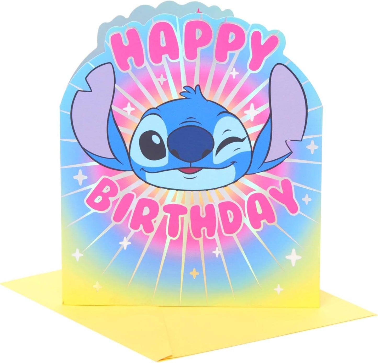 Made To Be Treasured Disney Stitch shaped birthday card with colourful rainbow background and pink text.