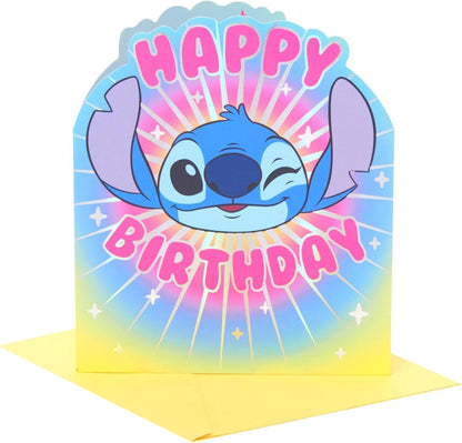 Made To Be Treasured Disney Stitch shaped birthday card with colourful rainbow background and pink text.