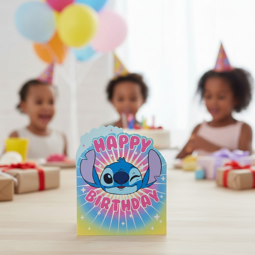 Made To Be Treasured Disney Stitch shaped birthday card with colourful rainbow background and pink text.