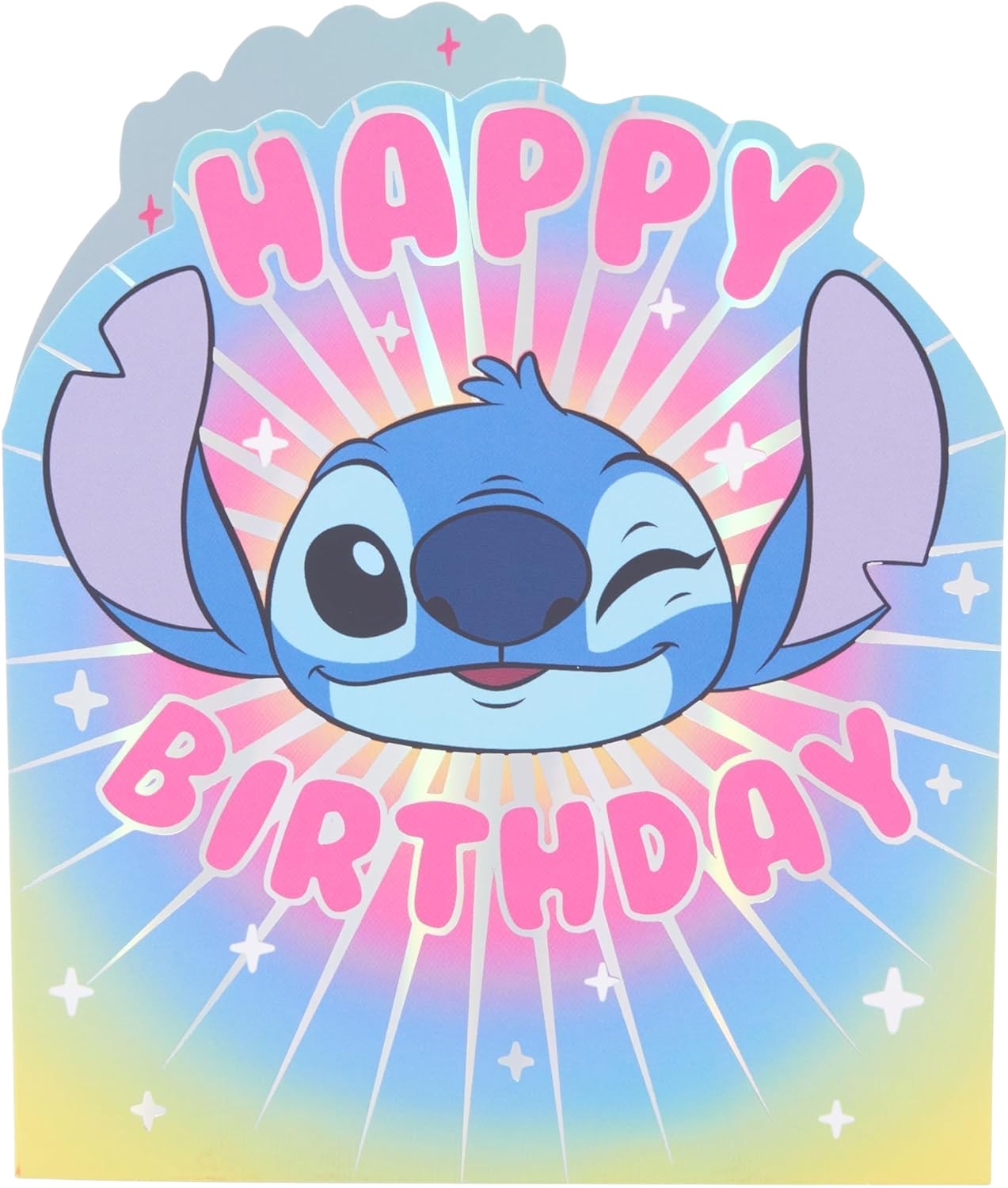 Made To Be Treasured Disney Stitch birthday card with pink text and colourful rainbow background.