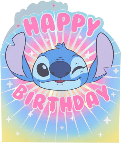 Made To Be Treasured Disney Stitch birthday card with pink text and colourful rainbow background.