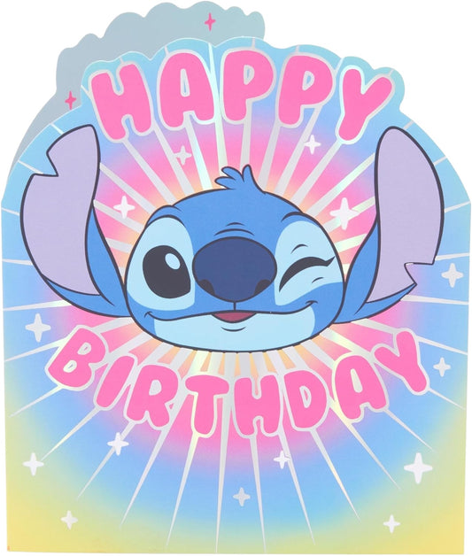 Made To Be Treasured Disney Stitch birthday card with pink text and colourful rainbow background.