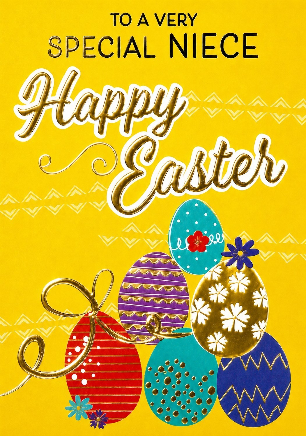 Made To Be Treasured Happy Easter card for a special niece with colorful decorated eggs and gold foil accents.