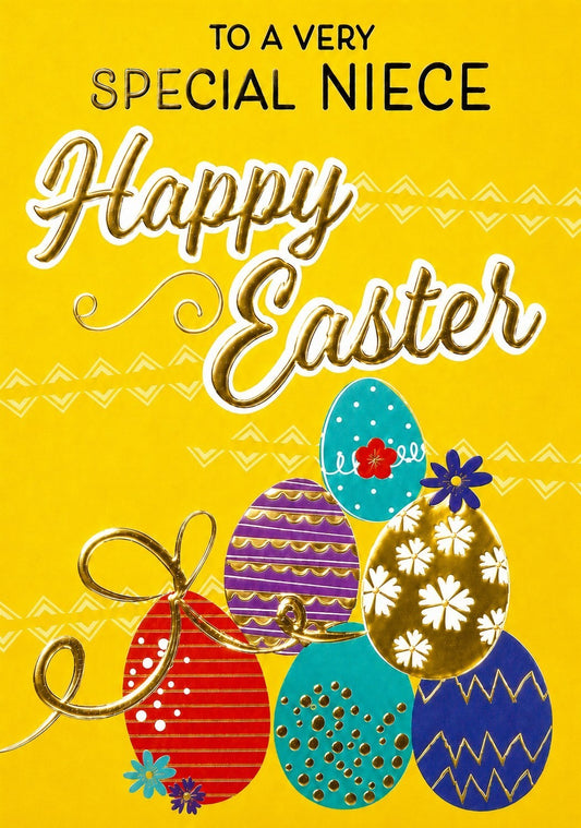 Made To Be Treasured Happy Easter card for a special niece with colorful decorated eggs and gold foil accents.