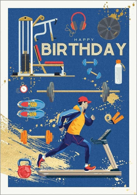 Made To Be Treasured Abacus Cards birthday card featuring gold foil gym equipment and a man running on a treadmill.