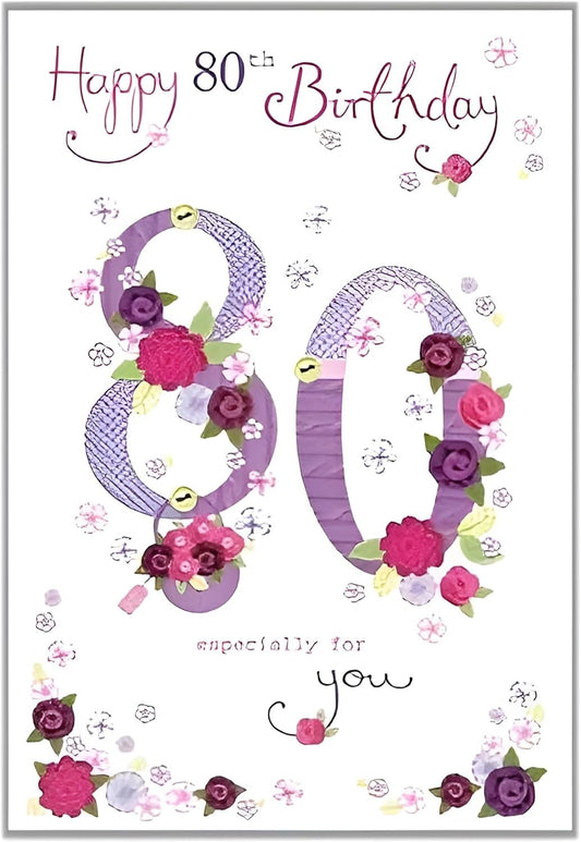 Made To Be Treasured Nigel Quiney 80th birthday card featuring a floral number 80 design in pink, purple and burgundy.