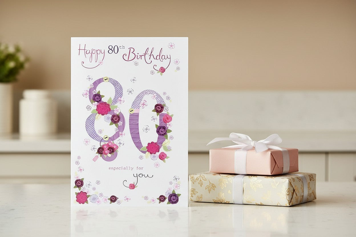 Made To Be Treasured Nigel Quiney 80th birthday card with floral number 80 design in pink and purple with glitter finish