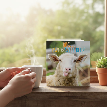 Made To Be Treasured funny sheep birthday card with "OMG... Ewe Is Well Old!" text, sheep sticking out tongue.