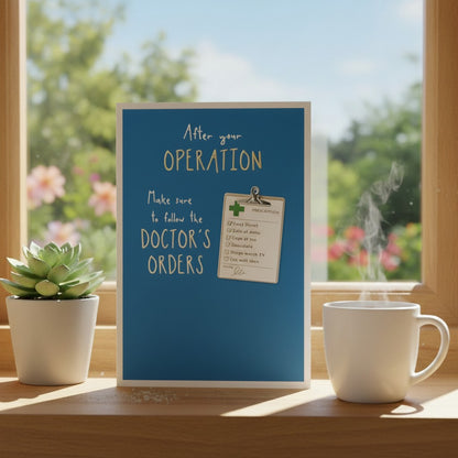 Made To Be Treasured get well card with "After Your Operation" and "Doctor's Orders" checklist design, foil detailing.