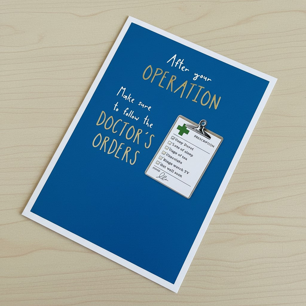 Made To Be Treasured Abacus get well card with a blue background and a humorous doctor's orders checklist.