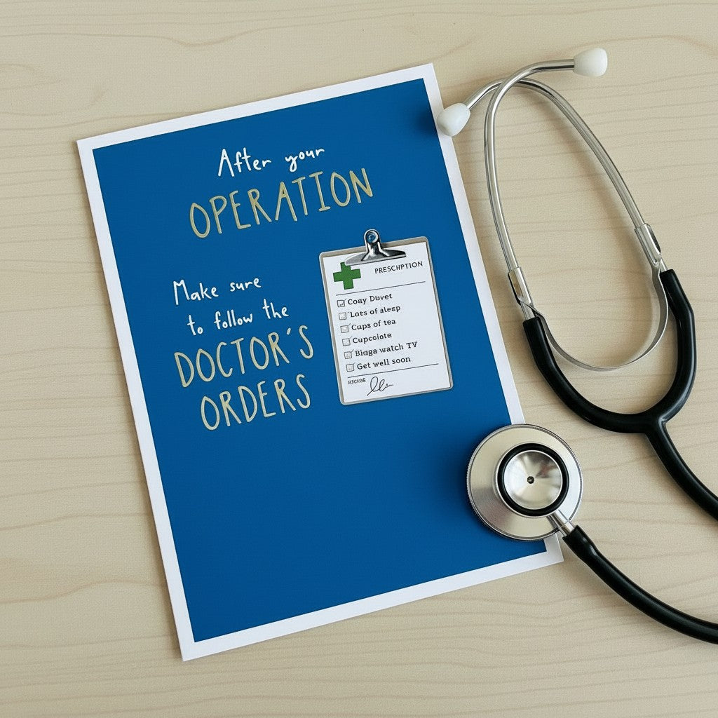 Made To Be Treasured blue get well card with gold foil text and a doctor's orders checklist design.