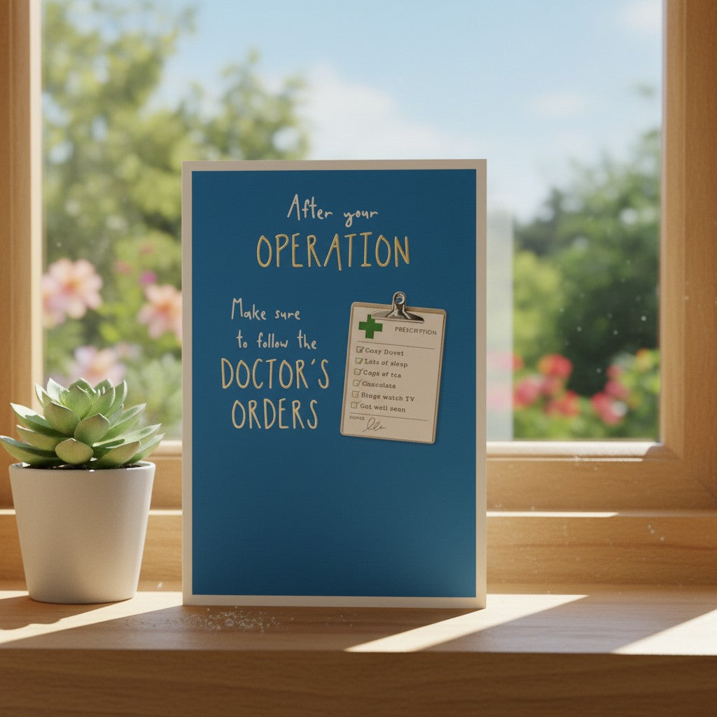 Made To Be Treasured Abacus get well card with a doctor's orders checklist and foil detailing on a blue background.