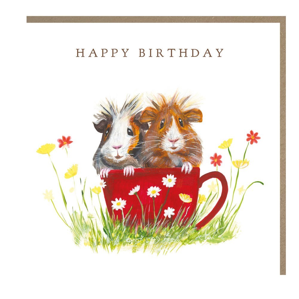 Made To Be Treasured Tracks Publishing birthday card featuring two cute guinea pigs in a red cup with wildflowers.