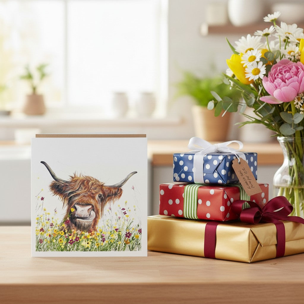 Made To Be Treasured Tracks Publishing blank greeting card featuring a Highland cow illustration with wildflowers