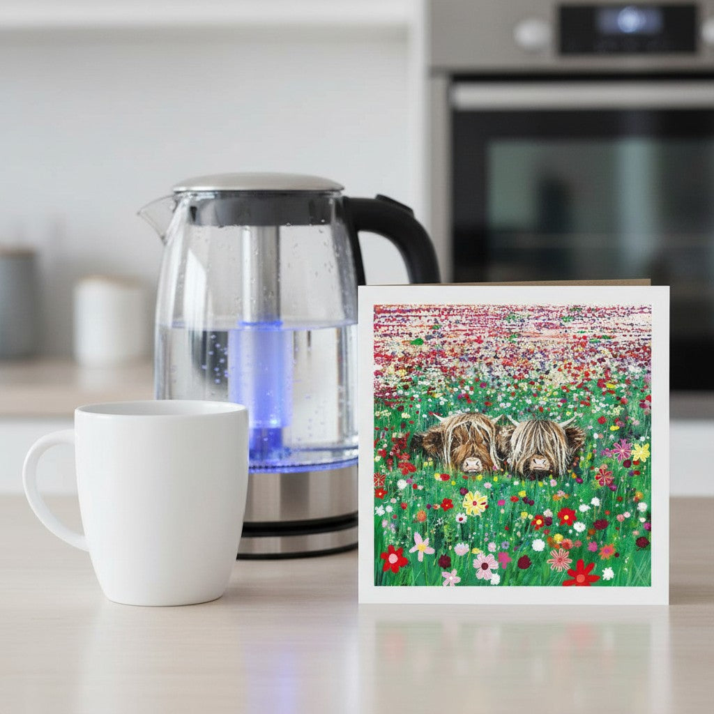 Made To Be Treasured Tracks Publishing blank greeting card featuring two Highland cows in a vibrant wildflower meadow.