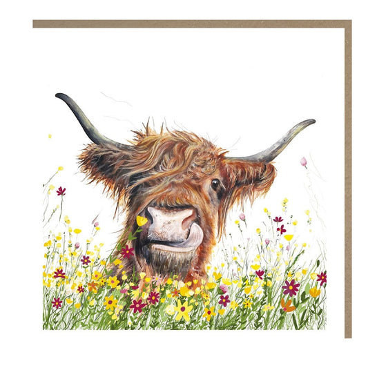 Made To Be Treasured Tracks Publishing blank greeting card featuring a Highland cow in a field of colourful wildflowers