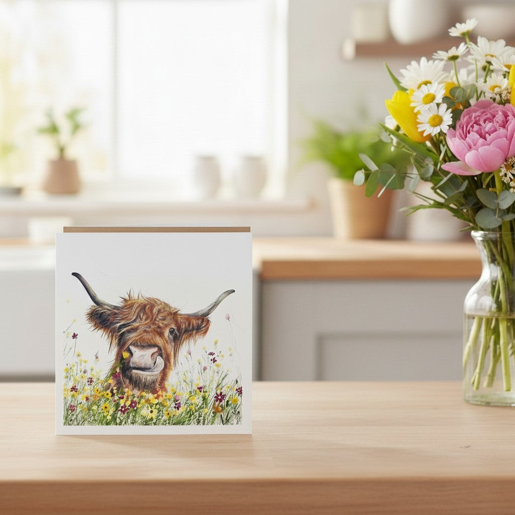 Made To Be Treasured blank greeting card featuring a charming Highland cow illustration surrounded by colourful wildflowers.