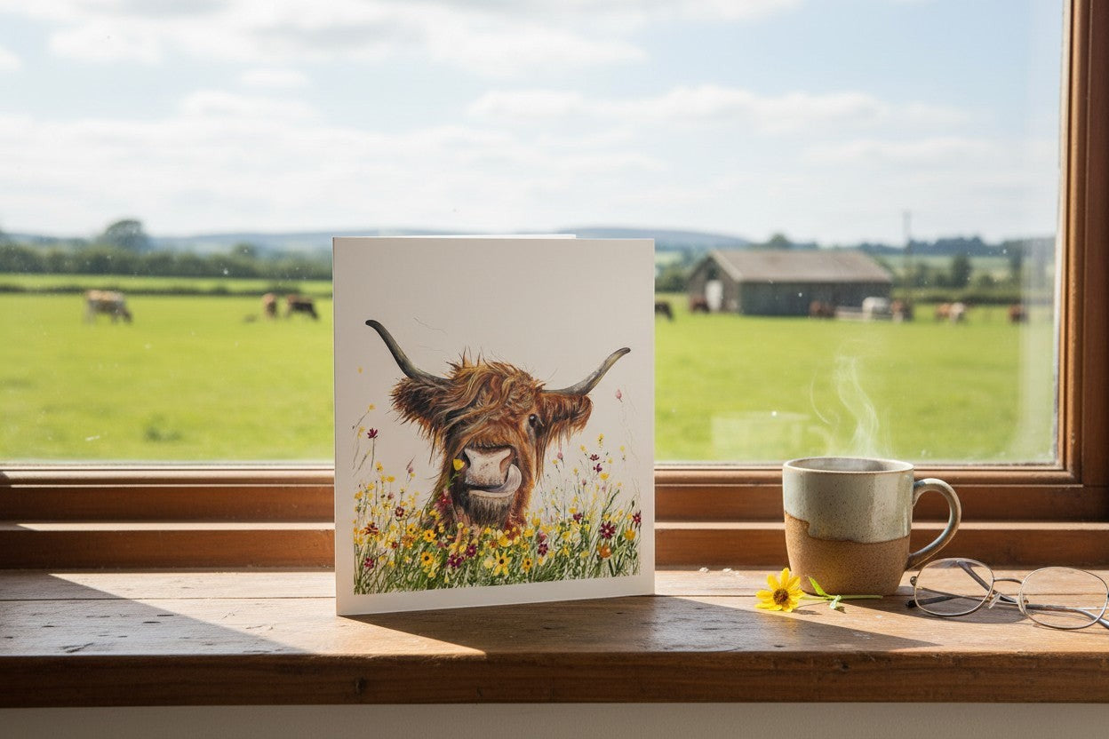 Made To Be Treasured Tracks Publishing Highland cow greeting card with wildflowers on a sunny windowsill