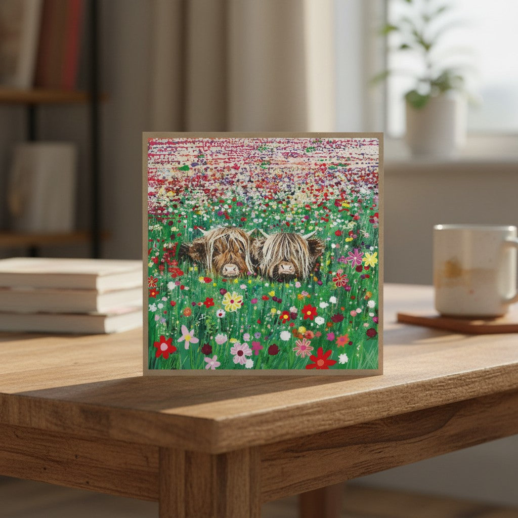 Made To Be Treasured blank greeting card featuring two Highland cows in a vibrant wildflower meadow on a wooden desk.
