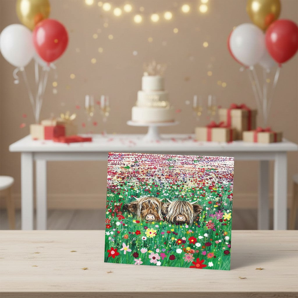 Made To Be Treasured Tracks Publishing Highland cow greeting card featuring two cows in a vibrant wildflower meadow.